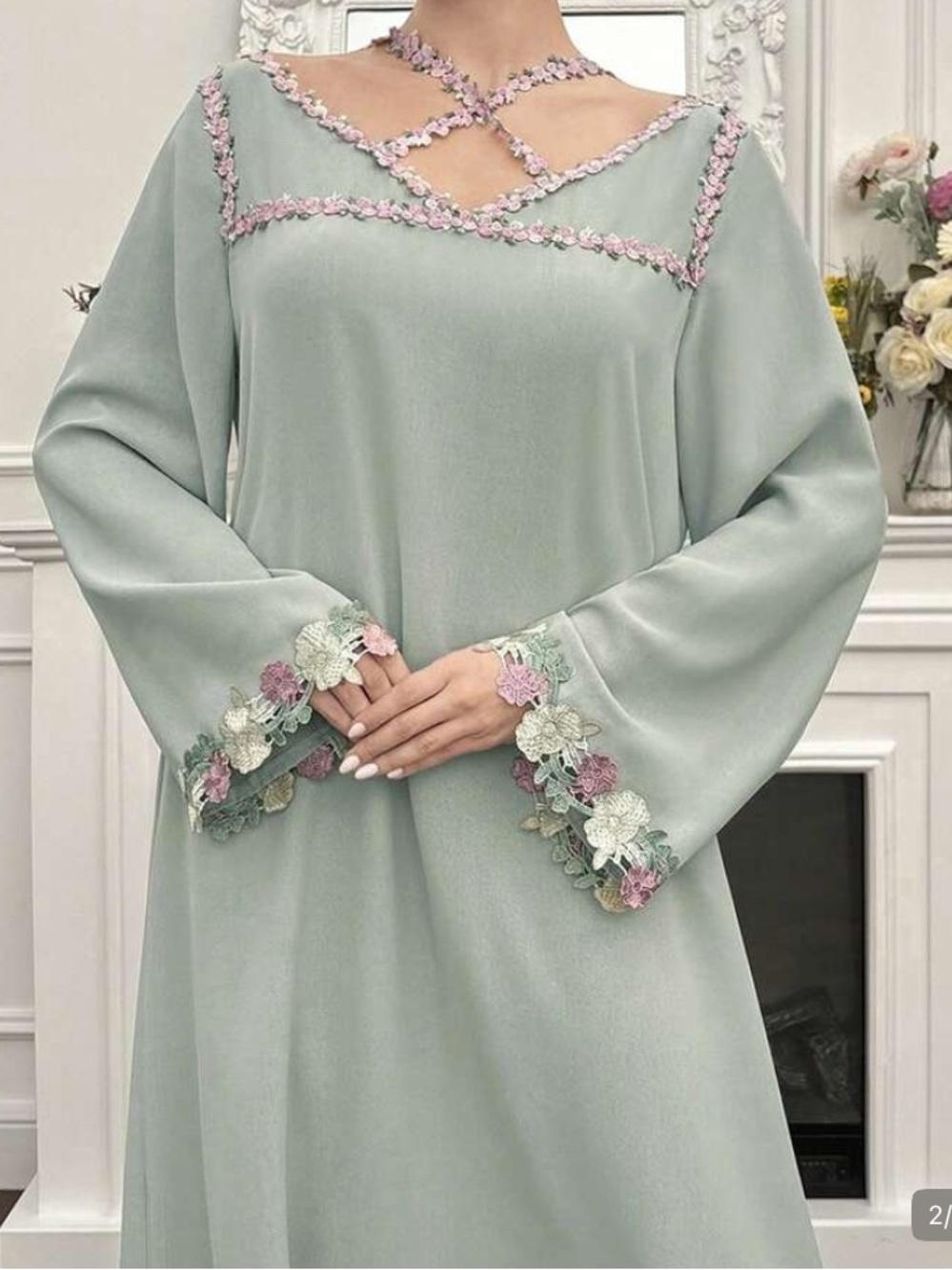 Sage Green Floral Trim Maxi Dress/Abaya